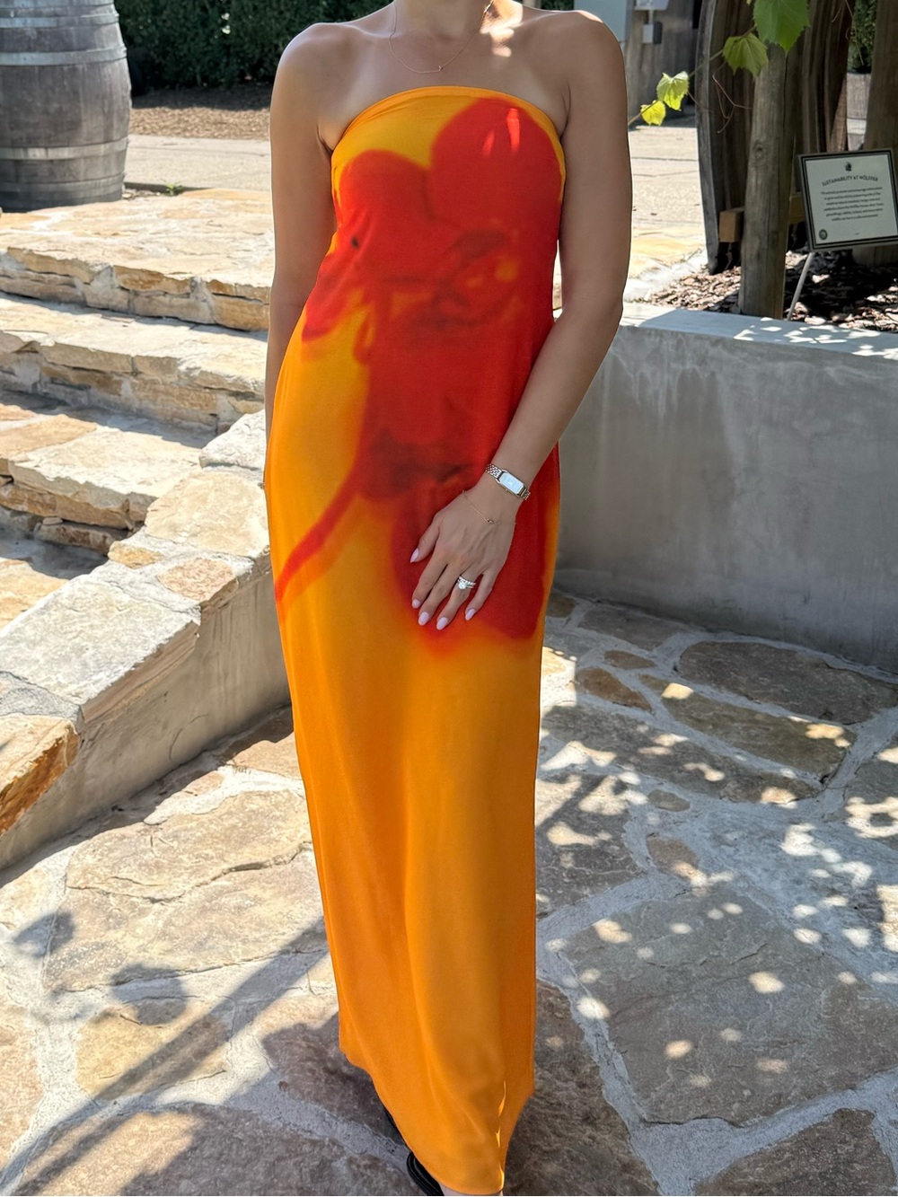 Amaya Strapless Orange Gown with Red Floral Accent